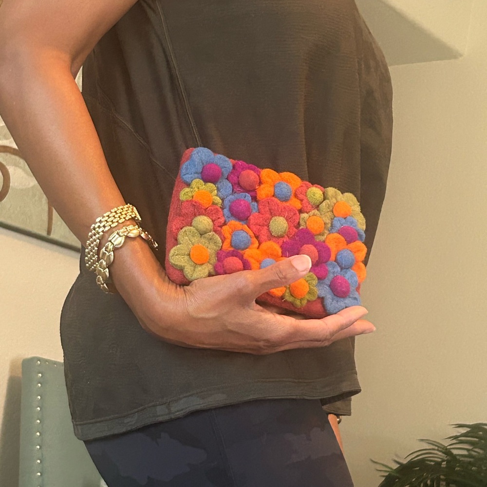 Rising Tide Multicolor Flower will felt w Pom -Pom Wristlet